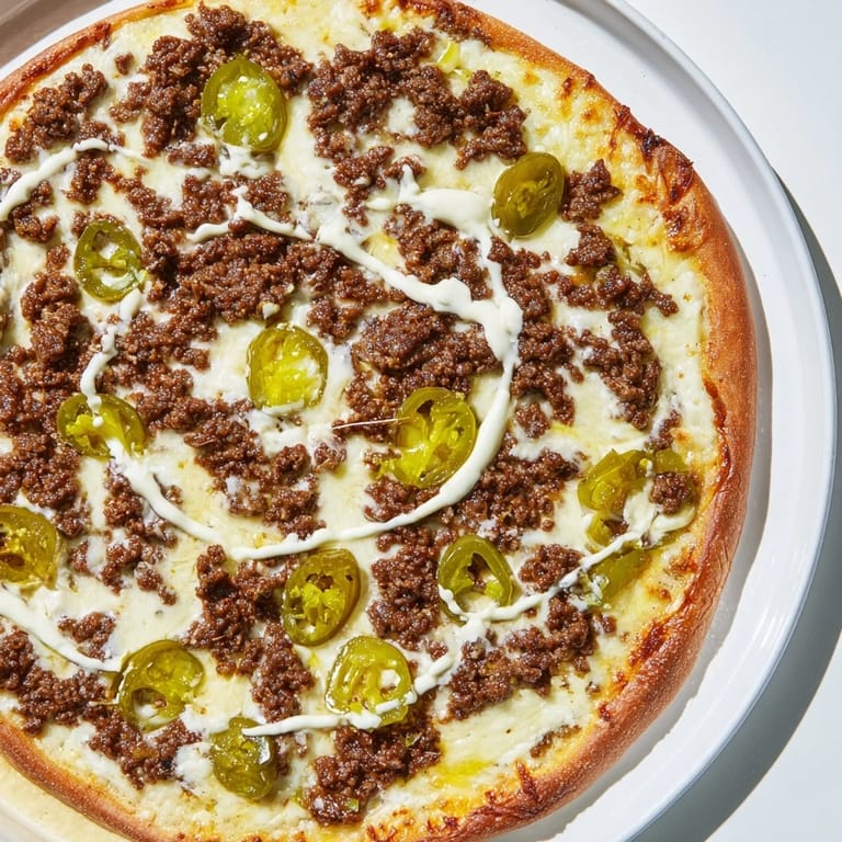 Deliciously cheesy Ground Beef Taco Pizza: close-up shot of Tex-Mex flavors baked to perfection.
