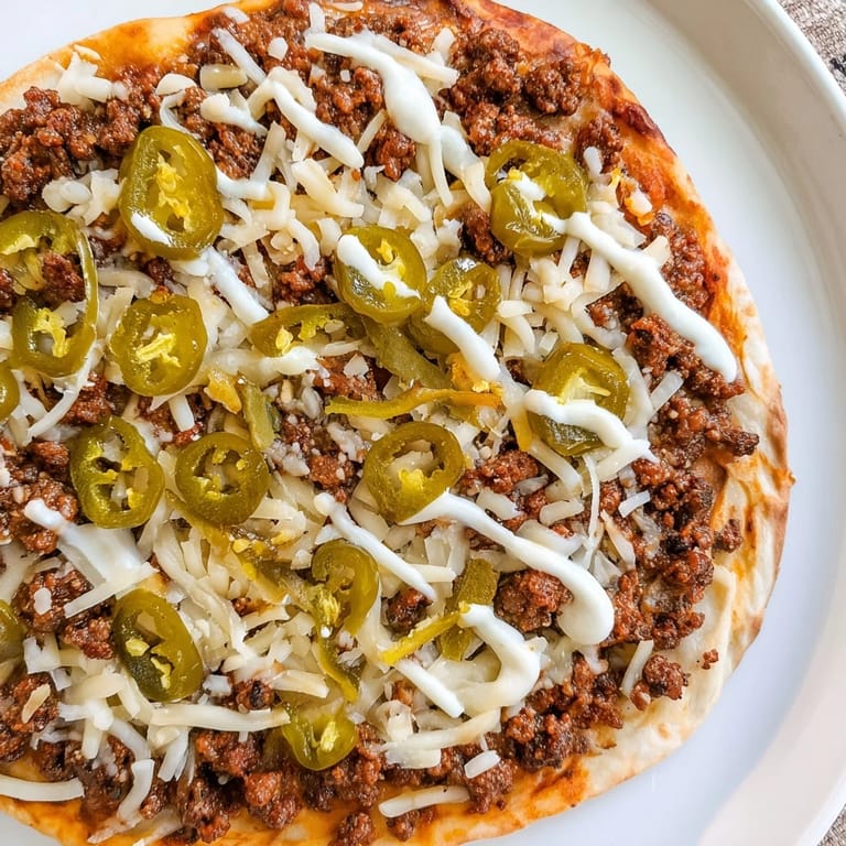 A sizzling Ground Beef Taco Pizza with a golden crust and a creamy sour cream drizzle.