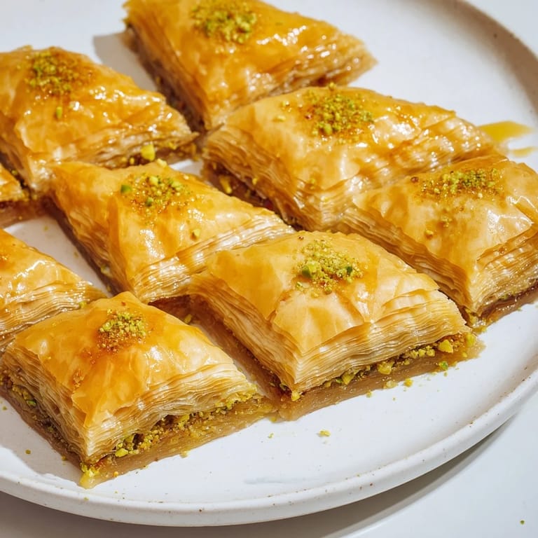 A close-up of flaky, buttery Turkish hazelnut & pistachio baklava, a sweet pastry dessert.