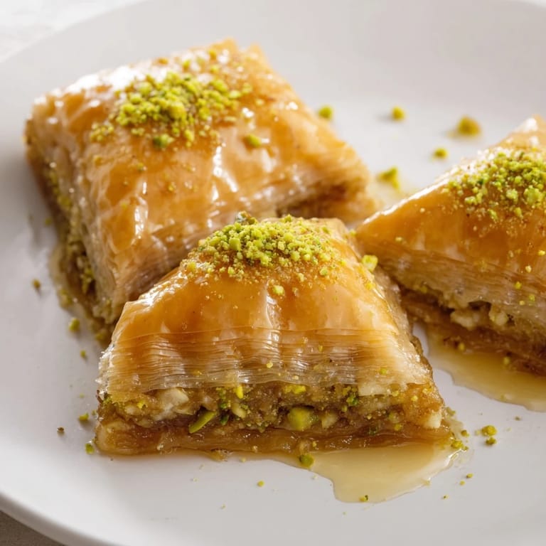 Warm, aromatic Turkish hazelnut and pistachio baklava, a richly nutty, honey-soaked treat.