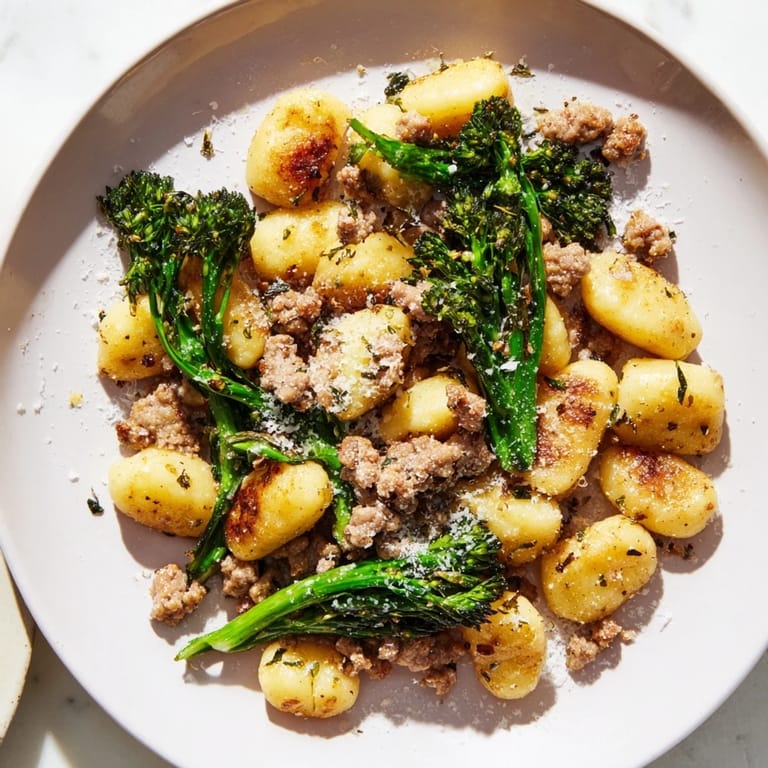 A bubbly, delicious sheet pan gnocchi bake, with roasted broccolini and savory sausage, ready to serve.