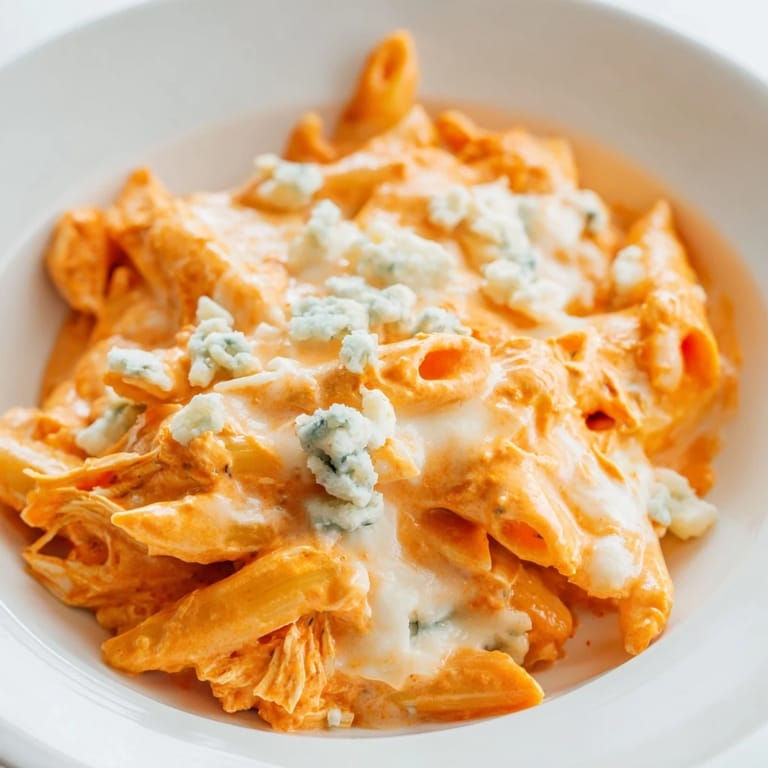 A skillet of cheesy Buffalo Chicken Pasta glows with steam, penne noodles coated in a bold red-orange sauce and fresh chives.