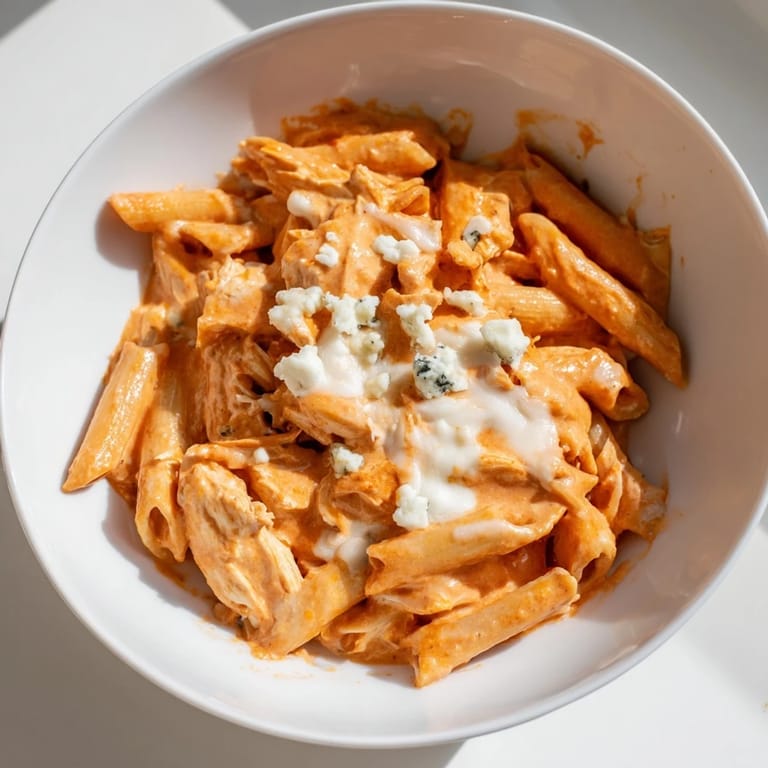 Comforting American Buffalo Chicken Pasta is served in a white bowl, creamy and cheesy with a sprinkle of blue cheese crumbles.