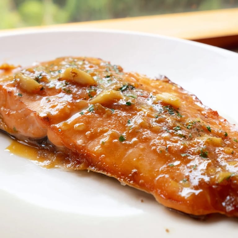 Roasted Honey Garlic Glazed Salmon brushed with buttery glaze, served alongside fluffy white rice and steamed green beans for dinner.