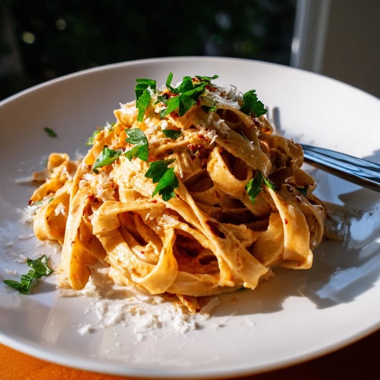 A white bowl of Sriracha Honey Pasta topped with extra parmesan and red pepper flakes, served with wine.