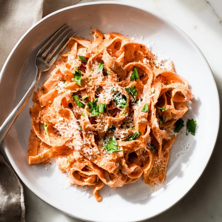 A steaming skillet of Sriracha Honey Pasta tossed with garlic butter and a honey-sriracha drizzle for dinner.