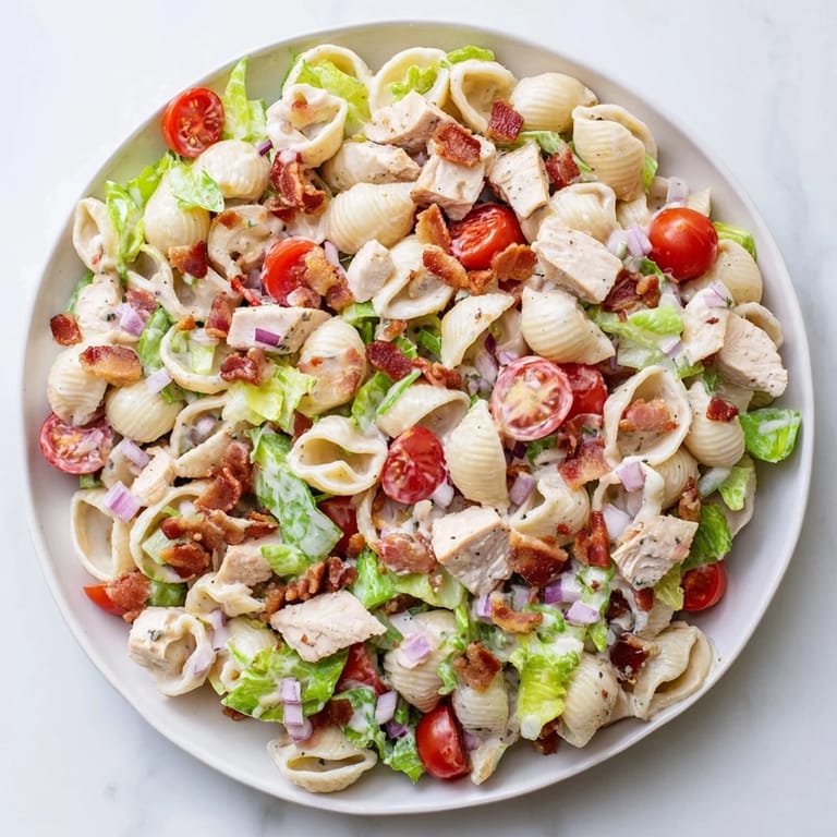 Ready for a picnic or potluck, this American-style main dish salad looks fresh and inviting.