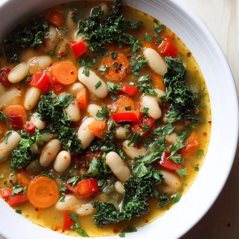 Hearty Mediterranean White Bean Stew garnished with fresh parsley, served alongside crusty bread for dipping.