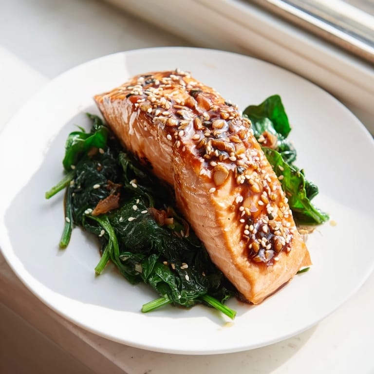 Miso salmon on sautéed spinach served on a white plate, garnished with lemon wedges and ready to enjoy.