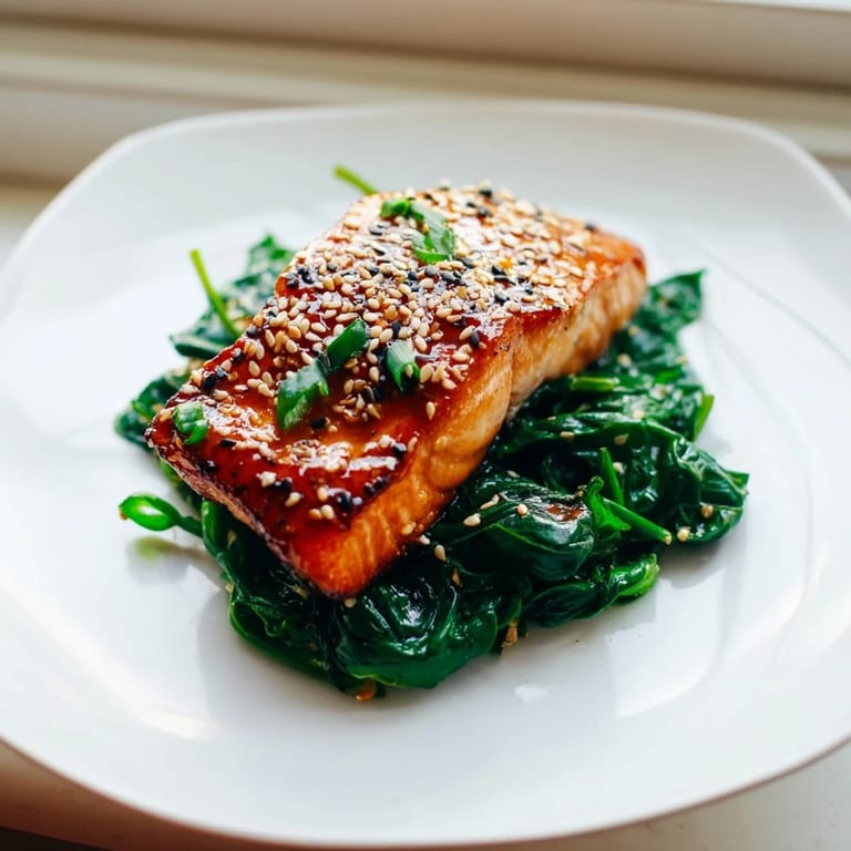 A close-up of baked miso salmon with caramelized glaze atop tender spinach, sautéed with garlic, shallot, and ginger.