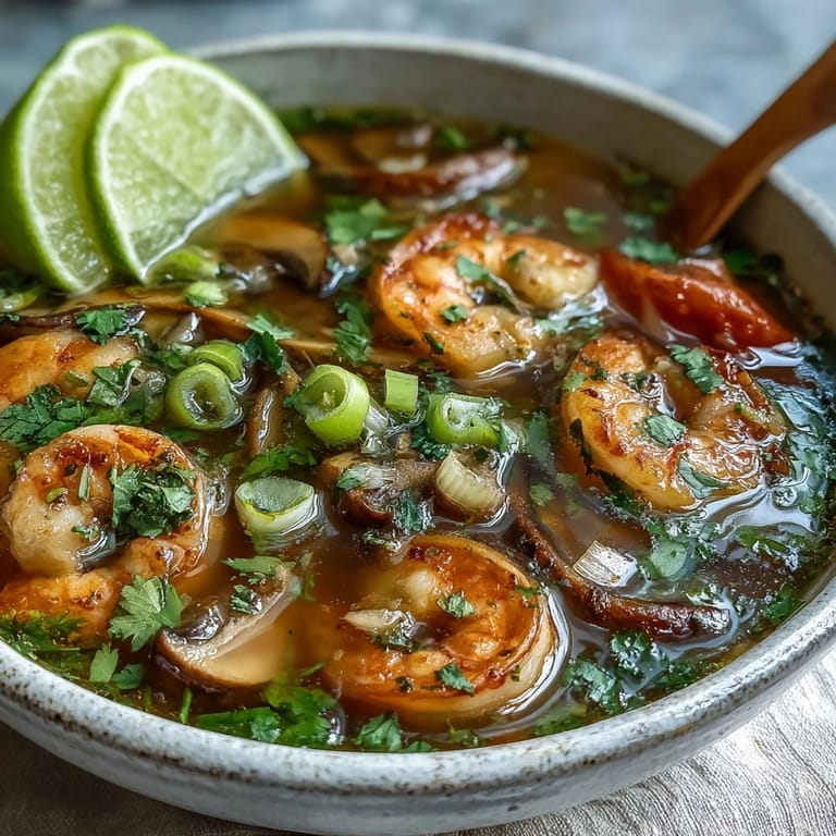 Spicy and sour Tom Yum Soup with mushrooms and tomatoes in a rich broth.