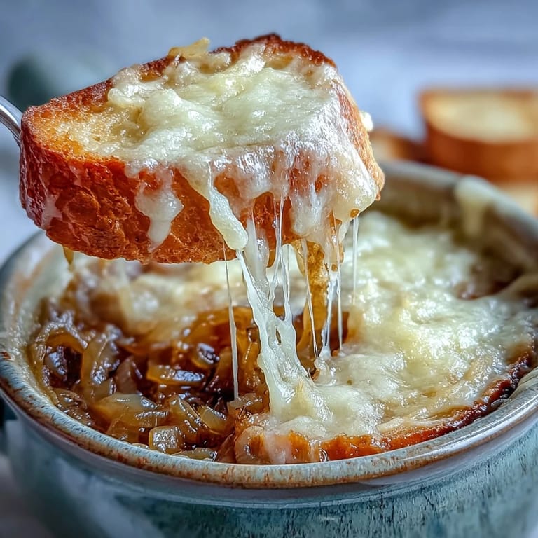 Hearty French Onion Soup in an oven-safe bowl, paired with a glass of red wine and a silver spoon.