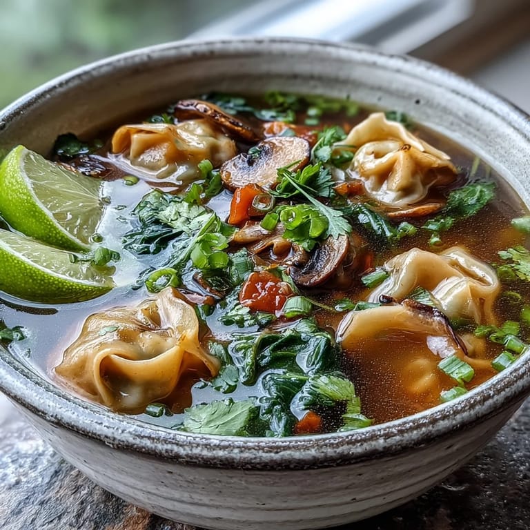 Tender wontons float in a vibrant Tom Yum Wonton Soup garnished with cilantro and chili slices.