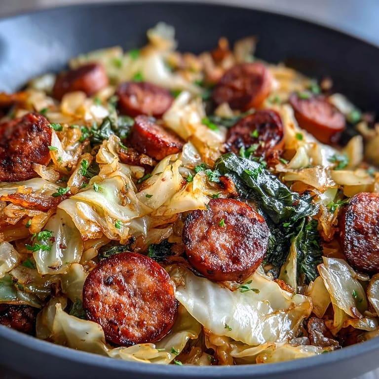Hearty Smothered Cabbage With Sausage Skillet served hot alongside creamy mashed potatoes and crusty bread.