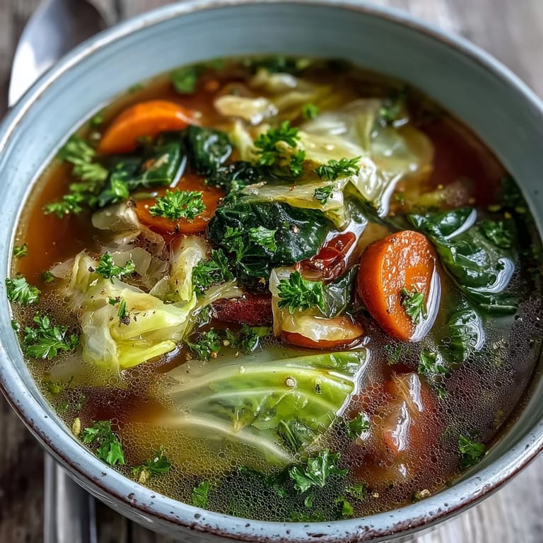 Hearty Classic Cabbage Soup simmering in a large pot, featuring colorful vegetables and a savory tomato base with herbs.