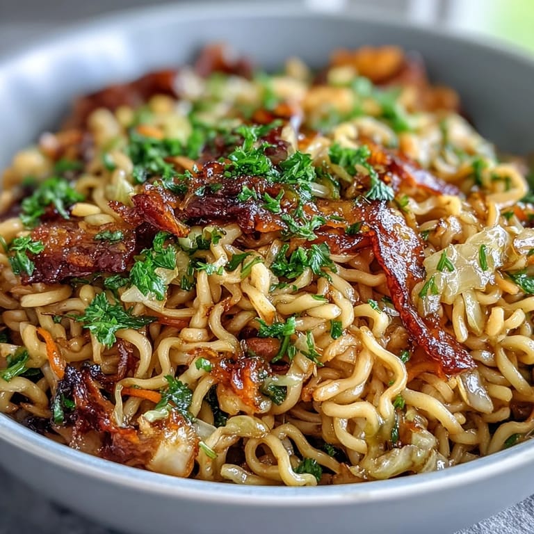 Hearty vegetarian Fried Cabbage Ramen served in a skillet, garnished with sesame seeds and red chili flakes.