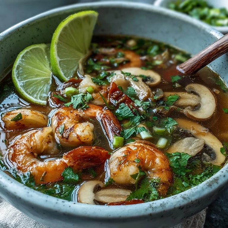 Fragrant Tom Yum Soup served with lime wedges on the side for extra zest.