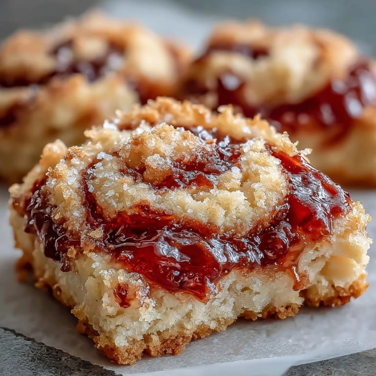 Homemade Raspberry Swirl Shortbread Cookies feature crisp, buttery edges and a soft, jam-filled center on a rustic wooden table.