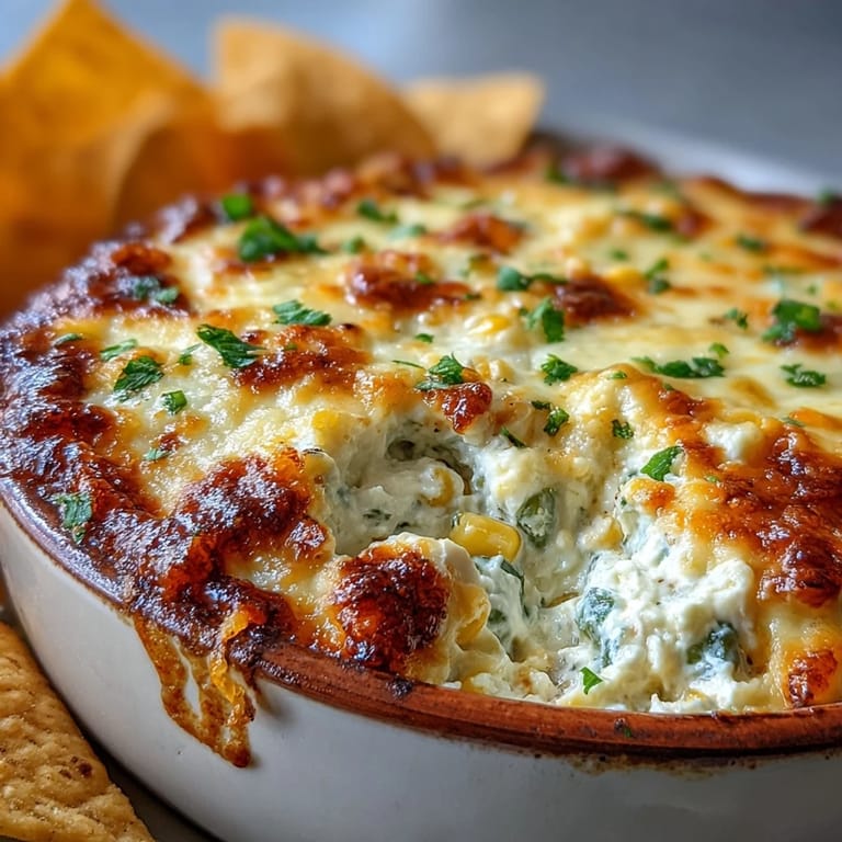 A close-up of Crack Corn Dip shows creamy texture, charred corn bits, and fresh jalapeño specks, paired with crisp tortilla chips for dipping.