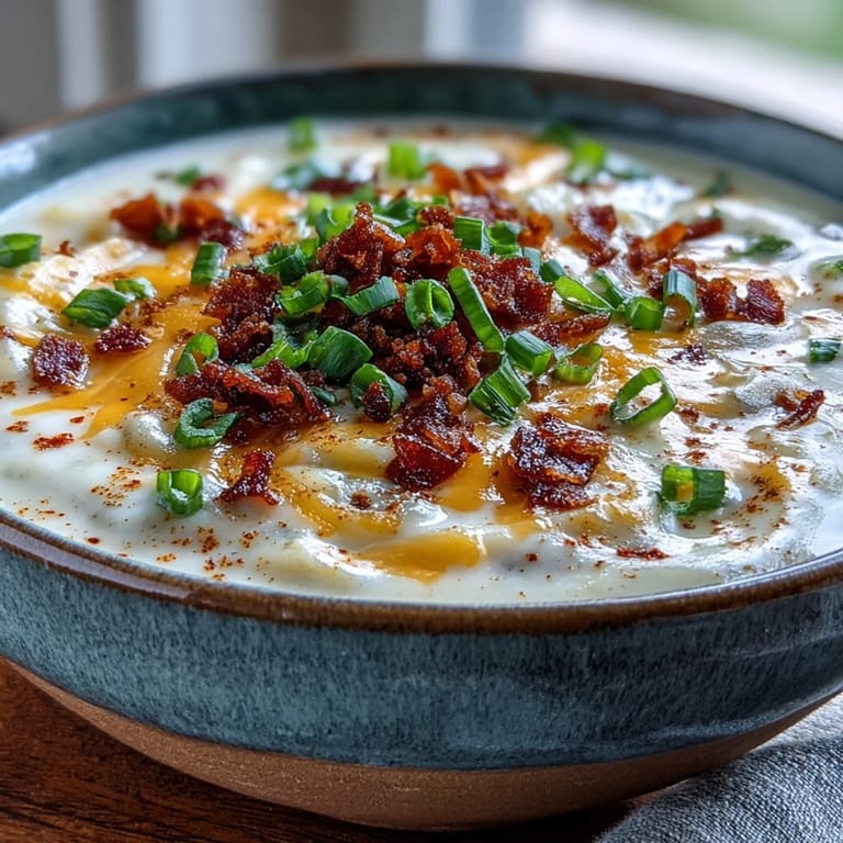 Velvety Loaded Potato Soup in a white bowl, garnished with bacon, cheddar, and green onions on a cozy table.