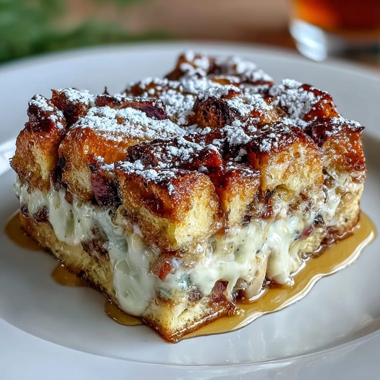 Monte Cristo Breakfast Casserole baked in dish, dusted with powdered sugar, ready for brunch with fresh berries on side.