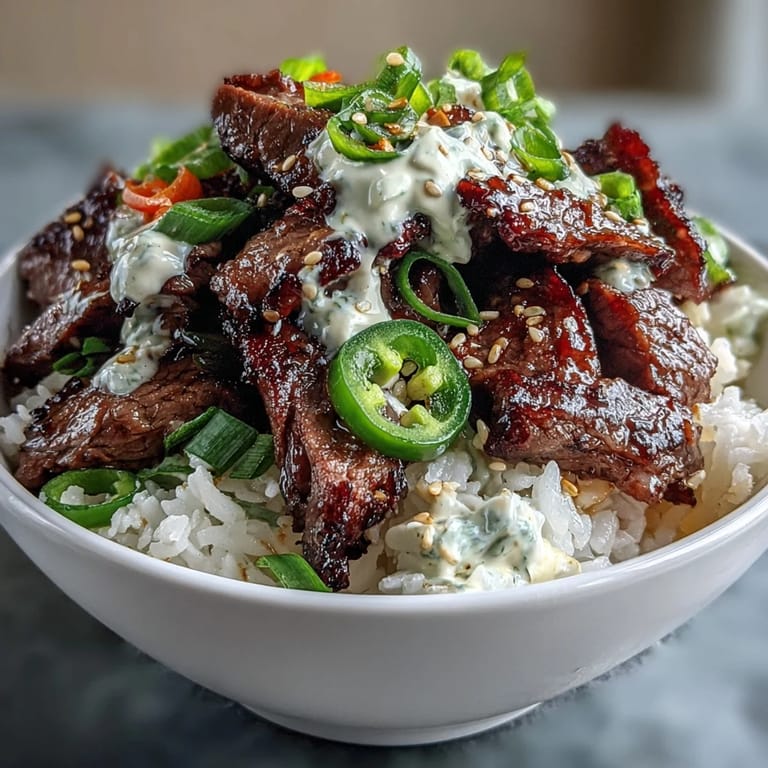 Spicy Korean Beef Power Bowl featuring seared marinated flank steak over rice, topped with crisp veggies, sesame seeds, and a drizzle of sriracha mayo.