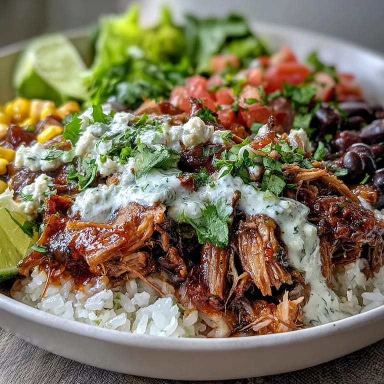 A vibrant Carnitas Burrito Bowl ready to eat, featuring fluffy rice, savory carnitas, and colorful toppings with lime wedges on the side.