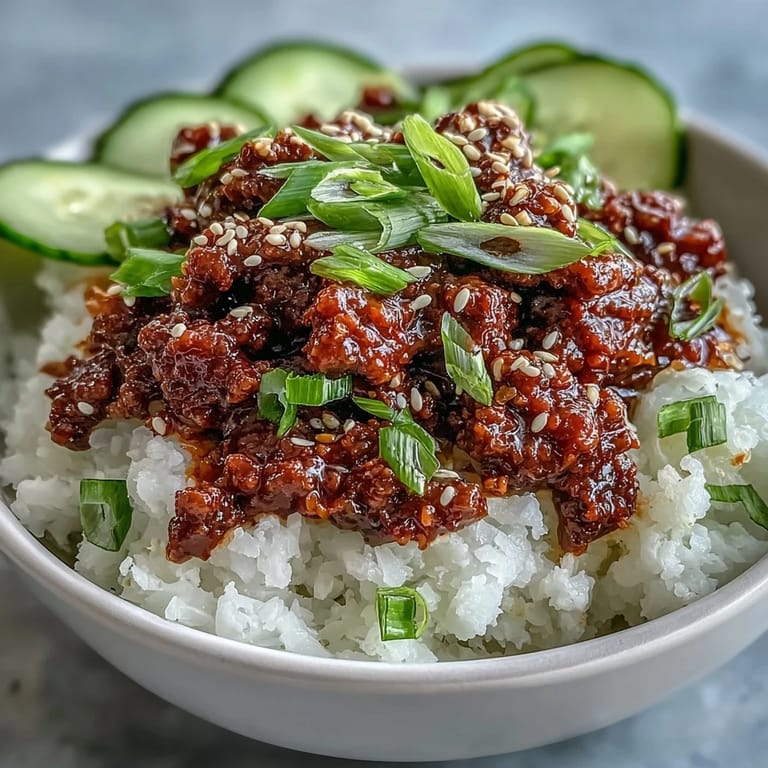 Savory ground beef simmered in spicy gochujang sauce served as an Easy Korean Beef Bowl with toppings.