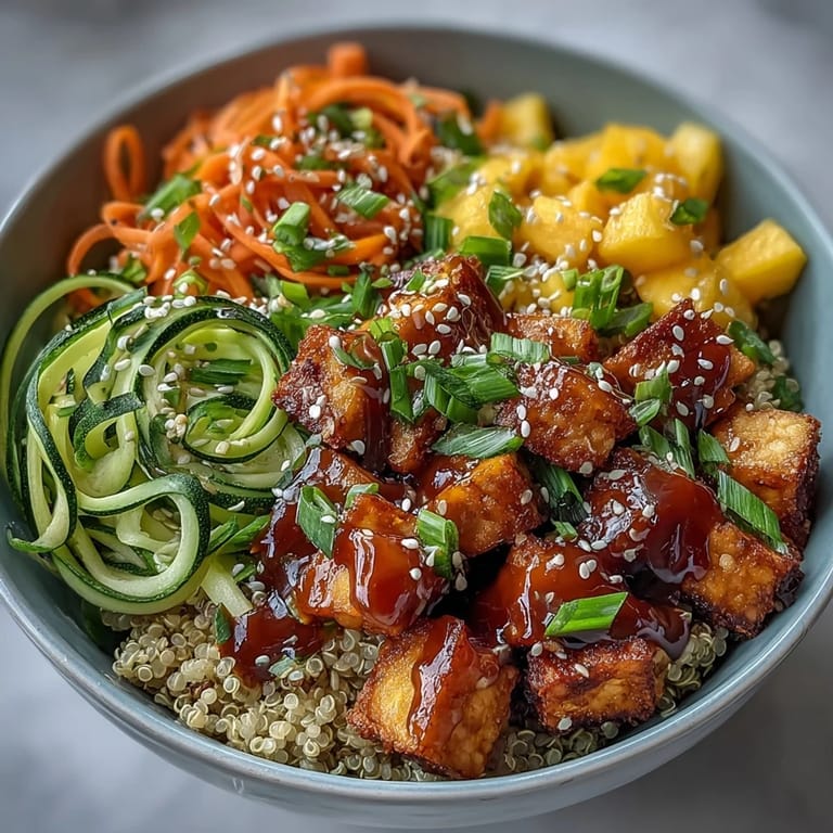 Gluten-free baked tofu paired with sweet mango and crisp veggies on fluffy quinoa, ready for a quick weeknight dinner.