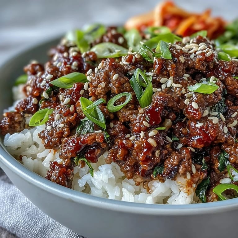 Sizzling Korean Ground Beef Bowl topped with fresh cucumbers and green onions, served alongside spicy kimchi for extra zest.