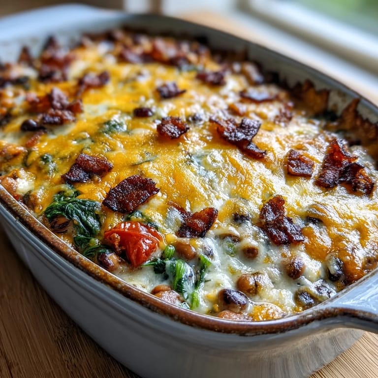 Serving spoon lifting a cheesy scoop of Tex Mex Black Eyed Pea Casserole with rice and beans.