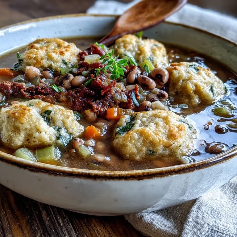 Fresh parsley garnishes this hearty pot of Black-Eyed Peas and Sausage Dumplings, perfect for a cozy family dinner. 