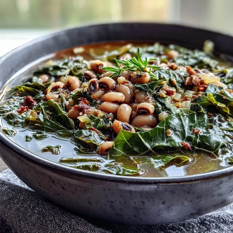 Tender black-eyed peas with collard greens steam in a rustic bowl, garnished with hot sauce and served with cornbread.