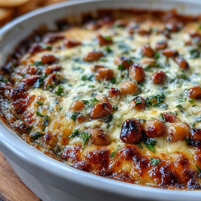 Creamy Hot Black-Eyed Pea Dip topped with melted cheddar, chopped green onions, and pickled jalapeños.