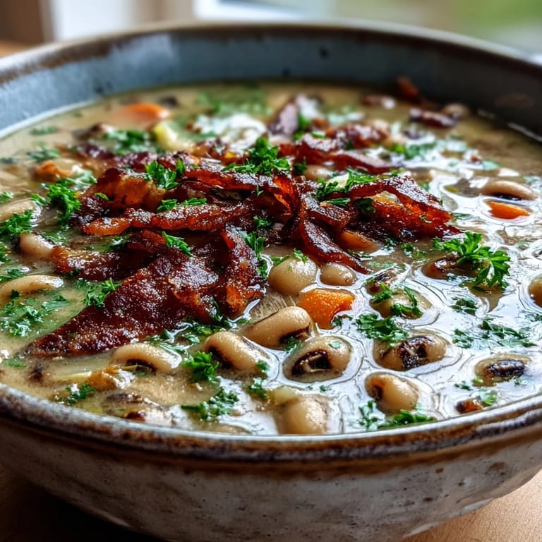 Hearty Black-Eyed Peas and Bacon Soup served in a rustic bowl alongside a slice of buttery cornbread.