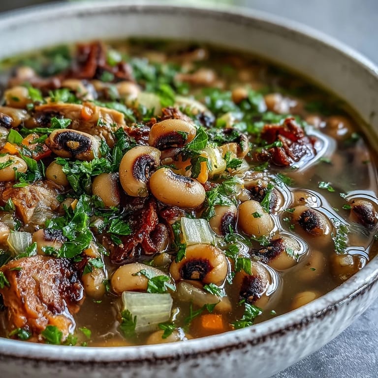 A close look at savory Black-Eyed Peas With Smoked Turkey, paired with cornbread for a classic Southern meal.