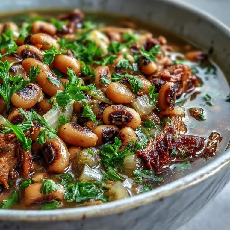 Hot sauce sits beside a steaming bowl of Black-Eyed Peas With Smoked Turkey, ready to serve.