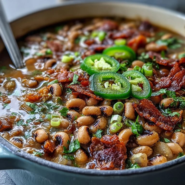 Big Pot of Texas Black-Eyed Peas simmering in a Dutch oven with a rich, smoky tomato broth and bay leaves.