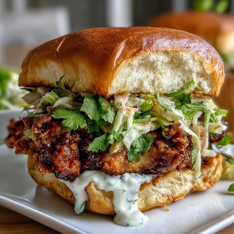 A close-up of a Thai Fried Chicken Sandwich stacked with pickled carrots and fresh cilantro.