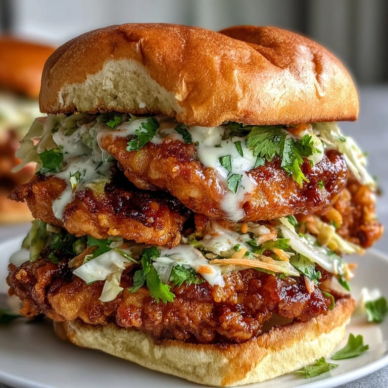 Crispy Thai Fried Chicken Sandwich with sriracha mayo, served with crunchy cabbage slaw.