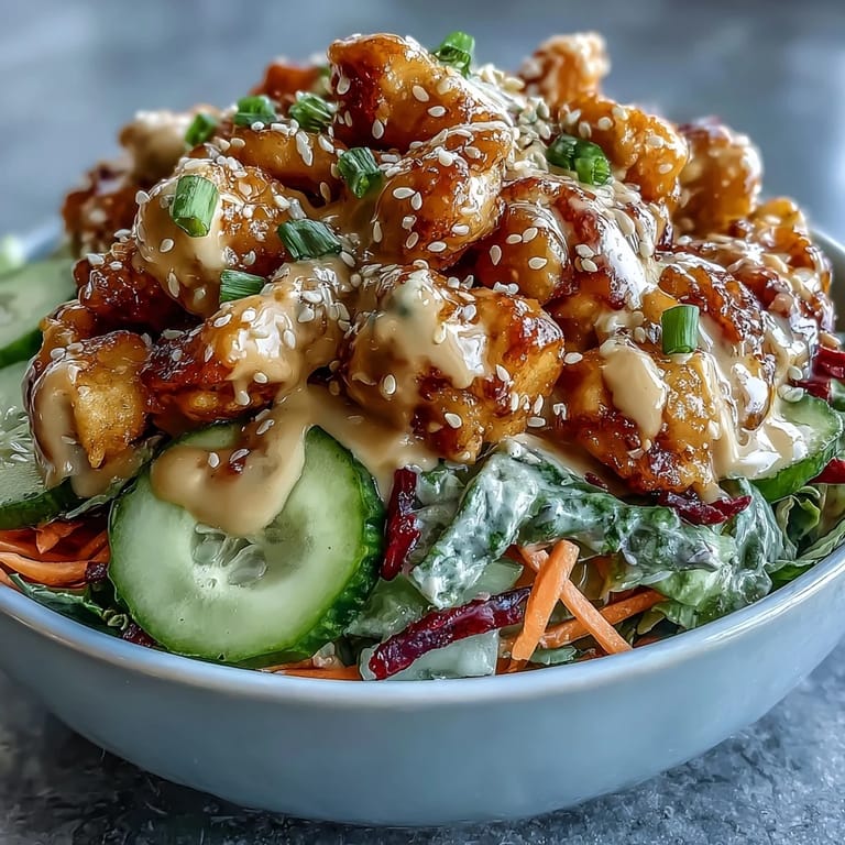 Overhead shot of a fresh Bang Bang Chicken Bowl with fluffy rice base, garnished with green onions and sesame seeds for dinner.