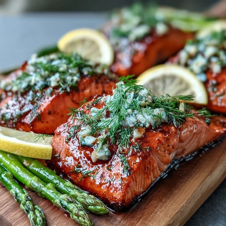 Savory Marry Me Salmon served alongside tender roasted asparagus and bright lemon wedges on a rustic wooden serving platter.