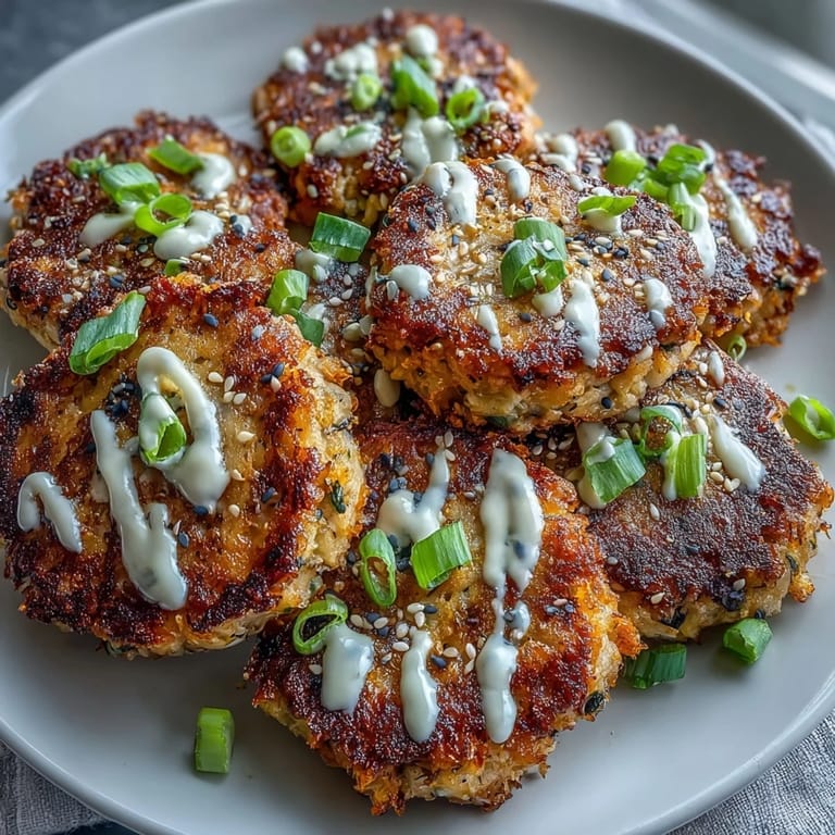 Fork-ready Asian-Style Tuna Cakes served with creamy spicy mayo and fresh scallions.