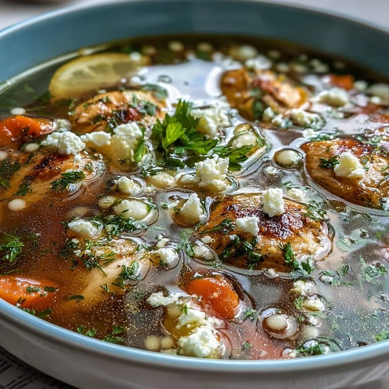 Steam rises from a serving of Greek Chicken & Pearl Couscous Soup, topped with crumbled feta cheese and fresh dill.