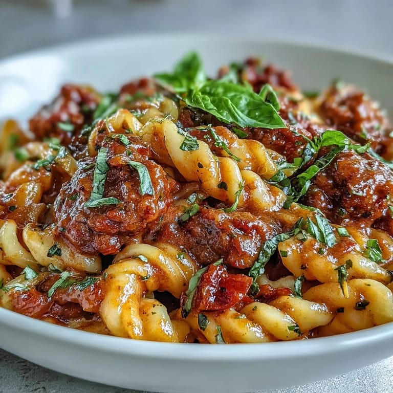 Steaming one-pot creamy red wine sausage pasta served in a rustic bowl, ready to enjoy.