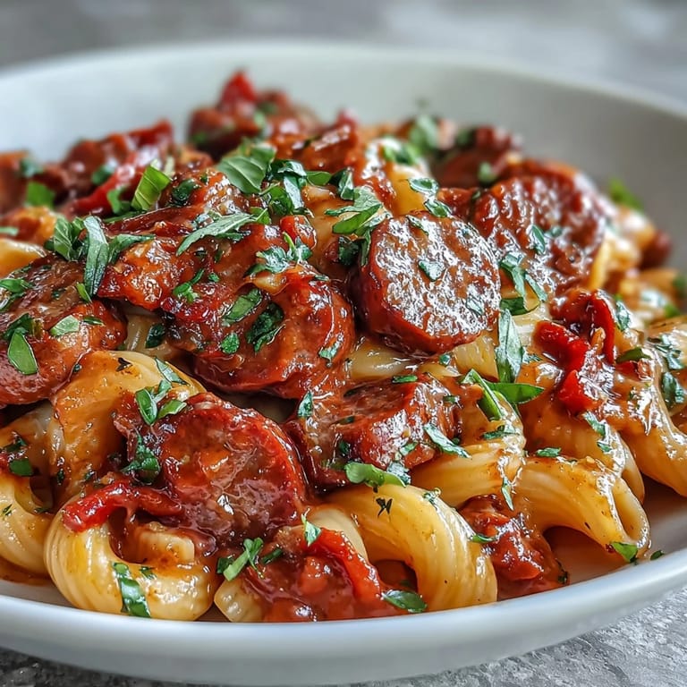 Spoon lifting a serving of one-pot creamy red wine sausage pasta, showcasing the rich sauce.