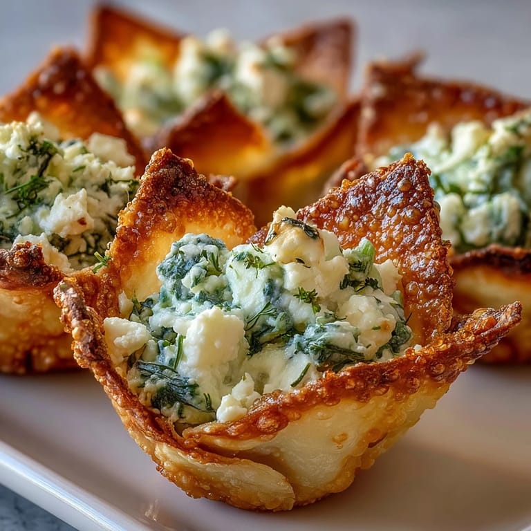 Freshly baked Crispy Spinach Feta Wonton Cups cooling on a wire rack, showcasing golden edges and a savory green filling.