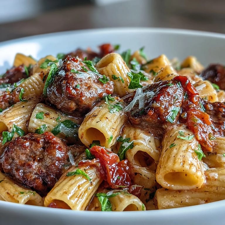Close-up of One-Pot Creamy Red Wine Sausage Pasta topped with grated Parmesan and a sprinkle of chili flakes.