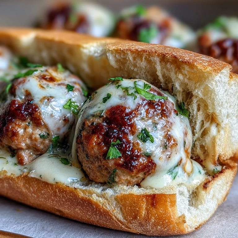 A close-up of a Garlic Parmesan Turkey Meatball Sub, featuring melted mozzarella over savory meatballs in a rich, bubbling sauce.