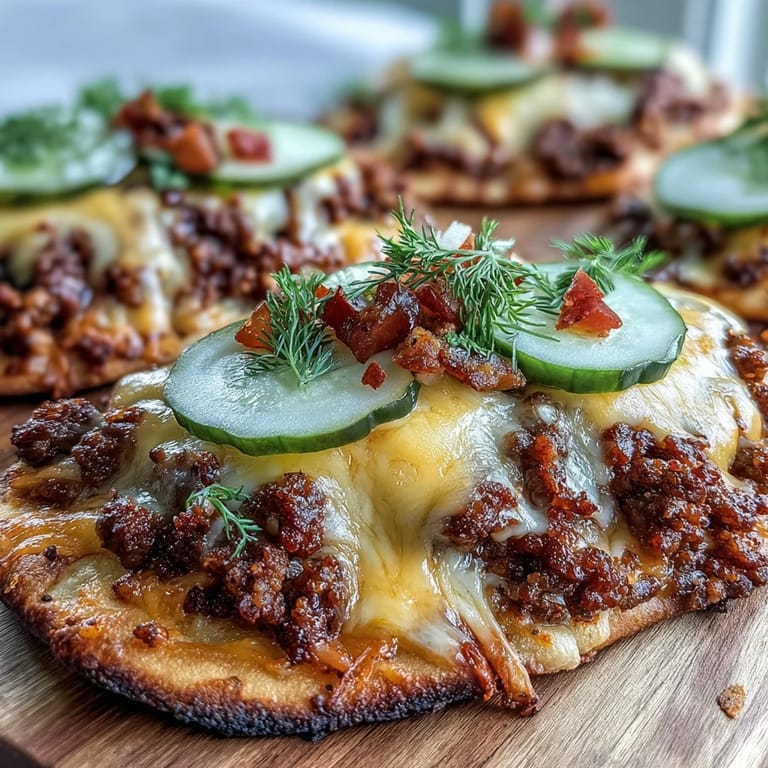 Mini garlic naan pizzas feature golden crusts, seasoned ground beef, and tangy dill pickle slices.